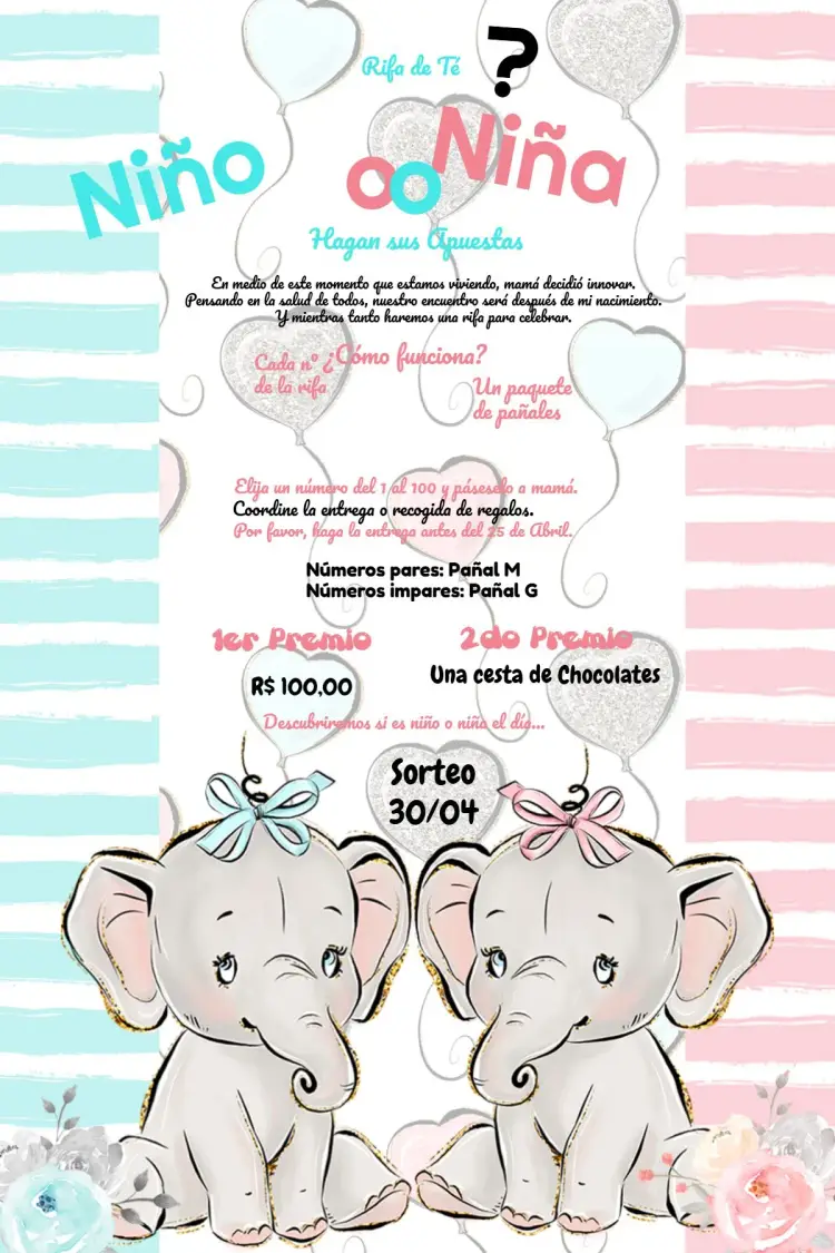 Invitación Revelación de Género Elefantitos Rosa
