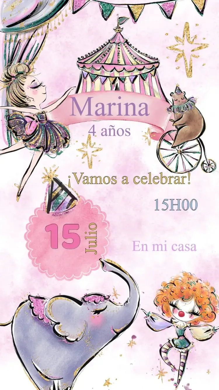 Invitación Invitación Cumpleaños Circo Rosa Vintage – tema Cumpleaños Infantil rosa, vintage, circo, fantasía, brillo, mágico