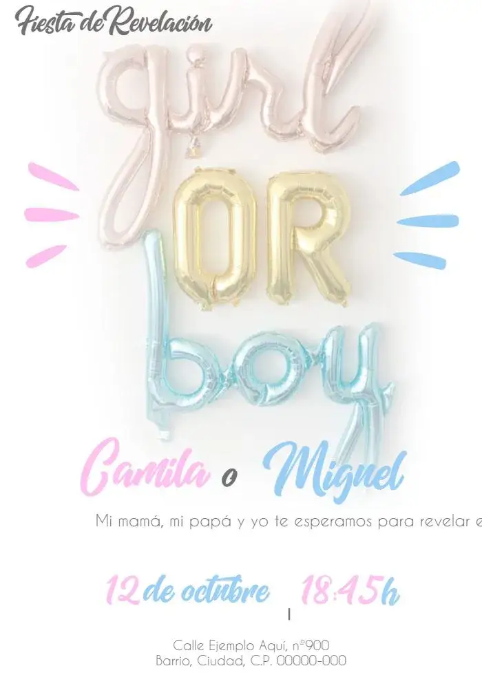 Invitación Baby Shower Boy Or Girl Blue – tema Revelación Bebé minimalista, azul, rosa, moderno, baby shower