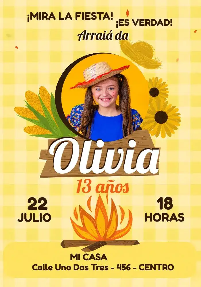 Invitación Caipira Maíz Y Girasol Con Foto Marrón – tema Cumpleaños rústico, vintage, campestre, colorido, alegre