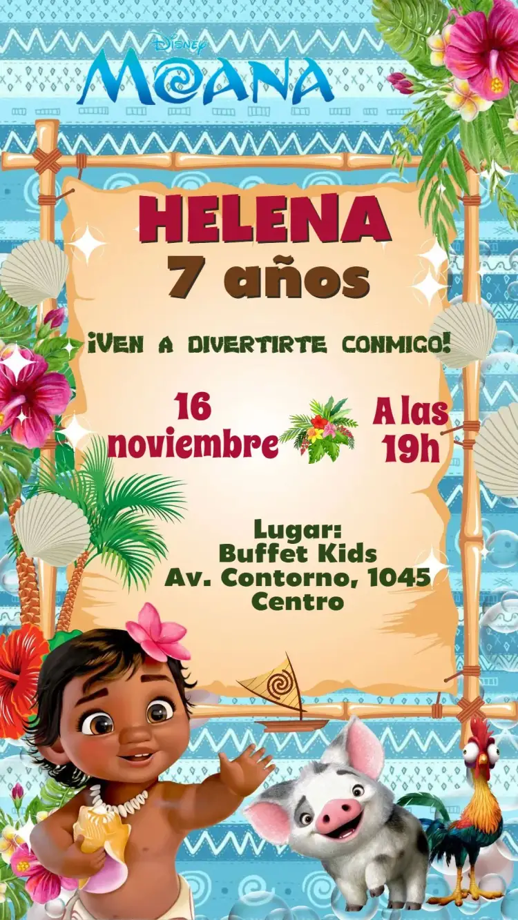 Invitación Moana – tema Cumpleaños Infantil tropical, colorido, divertido, marítimo, aventura, infantil