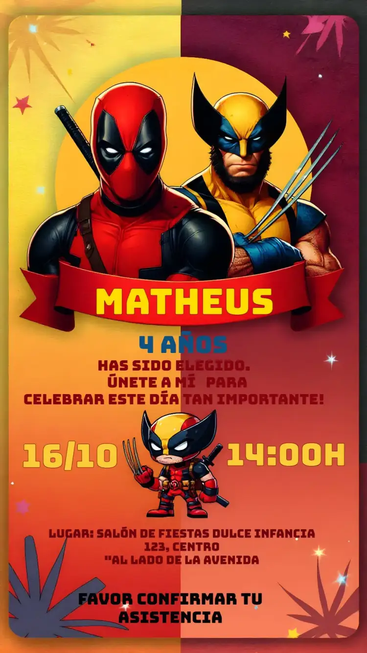 Invitación Fiesta de Deadpool y Wolverine – tema Más buscados colorido, superhéroes, moderno, divertido, dinámico