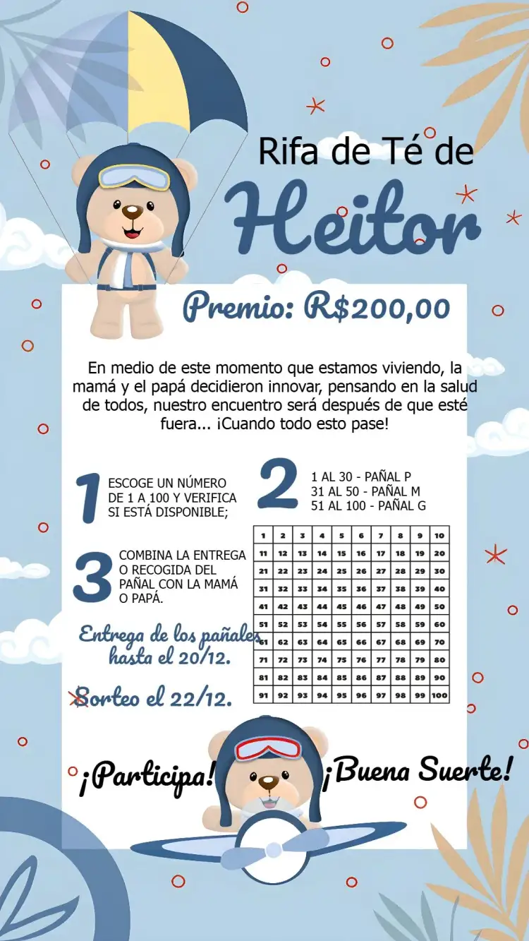 Invitación Té Rifa Osito Aviador 100 – tema Té Rifa aviador, infantil, azul y blanco, nubes, globos, tierno