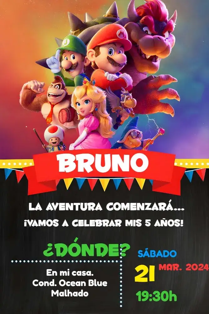 Invitación Mario Bros Colorido editable y personalizable