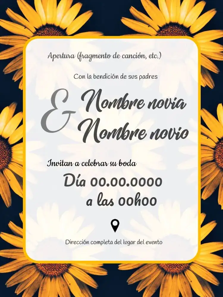 Invitación Boda Girasol Amarillo – tema Boda floral, rústico, vintage, amarelo, azul, blanco