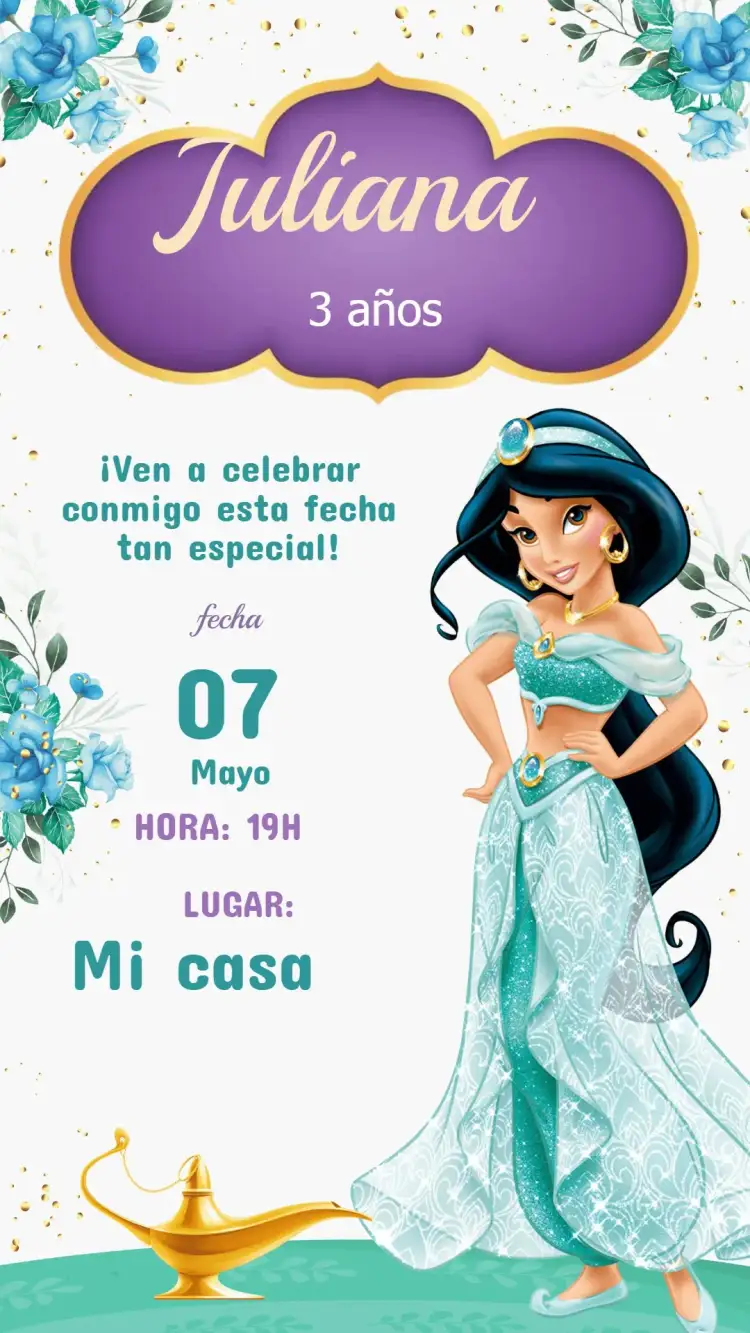 Invitación Invitación Cumpleaños Princesa Jasmine – tema Cumpleaños Infantil colores vibrantes, estilo mágico, elementos de cuento de hadas, inspirado en Aladdín, detalles en dorado