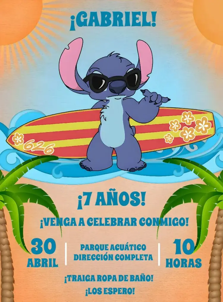 Invitación Stitch Pool Party Playa