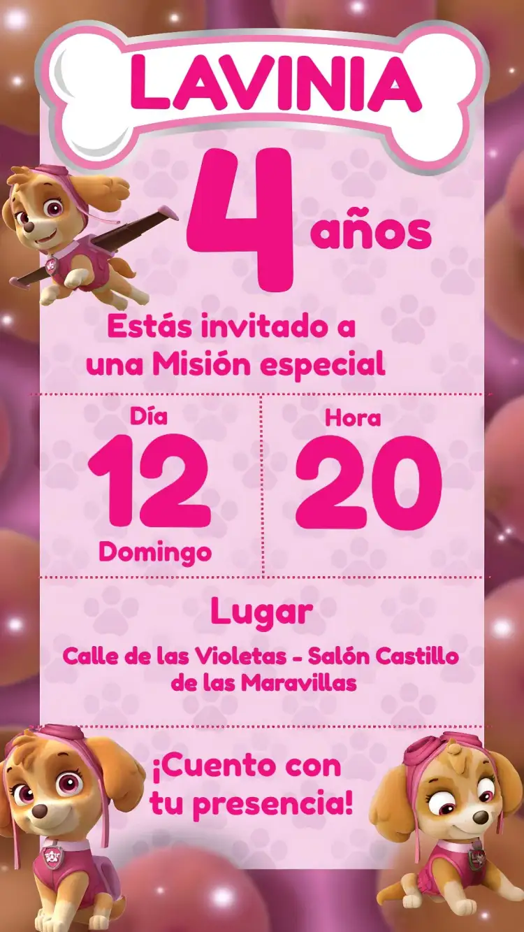 Invitación Patrulla Canina Skye Niña – tema Cumpleaños Infantil rosa, infantil, divertido, colorido, temático, moderno