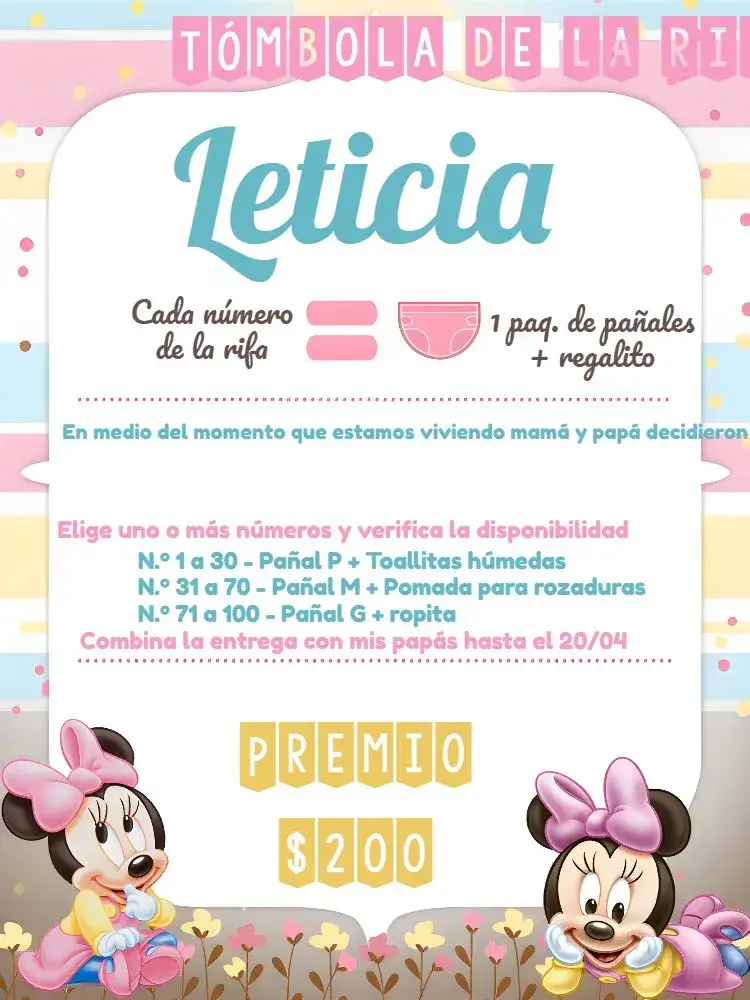 Invitación Chá Rifa Minnie Mouse Baby – tema Té Rifa colorido, lúdico, Disney, infantil, vibrante, divertido