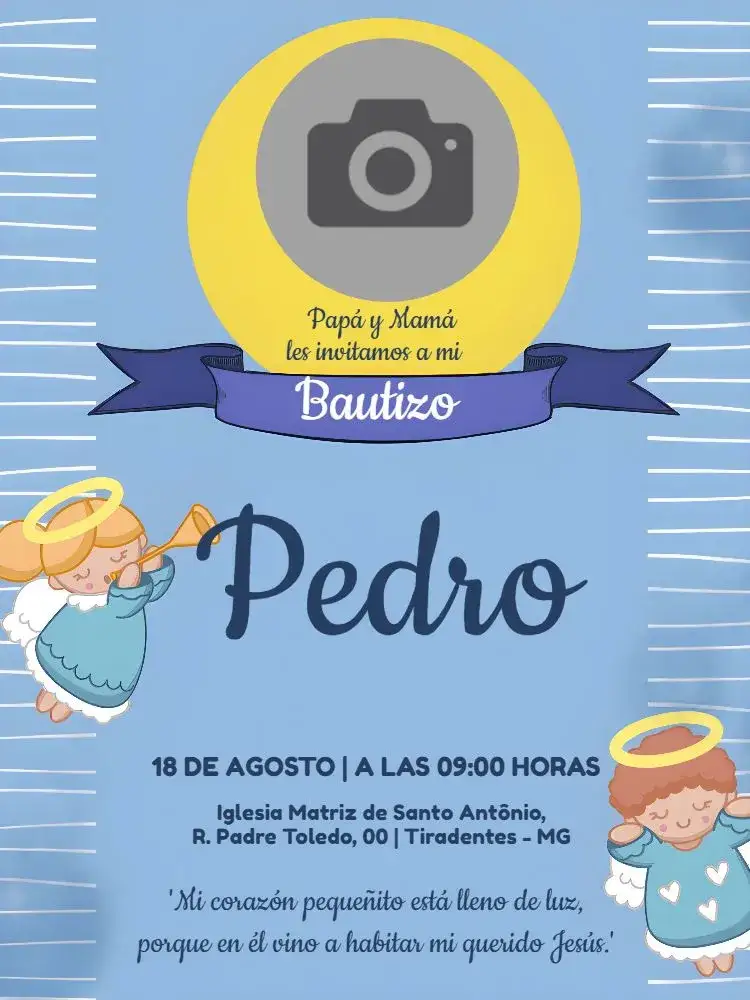 Invitación Bautizo Con Foto Niño – tema Bautismo azul, angelitos, infantil, delicado, moderno