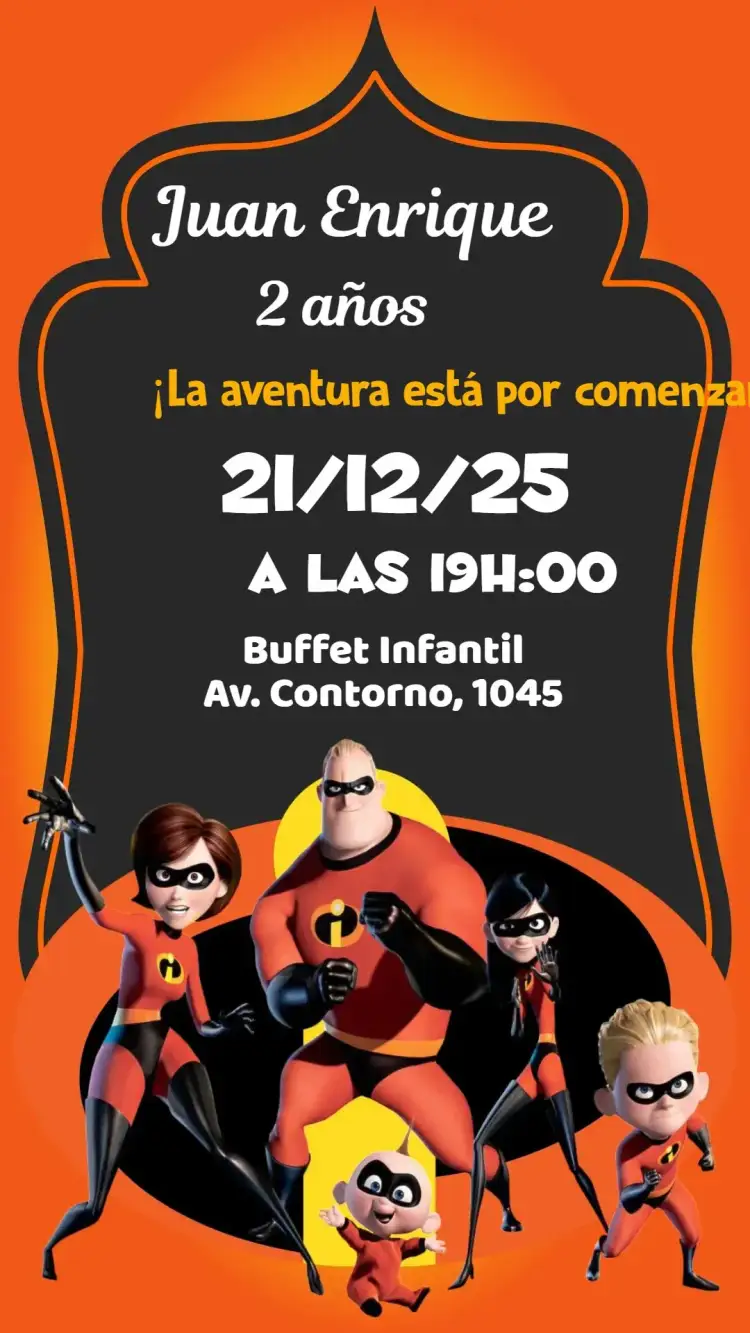 Invitación Los Increíbles – tema Cumpleaños Infantil colores vibrantes, elementos de superhéroes, estilo divertido y alegre, diseño moderno, ilustraciones infantiles, estética colorida