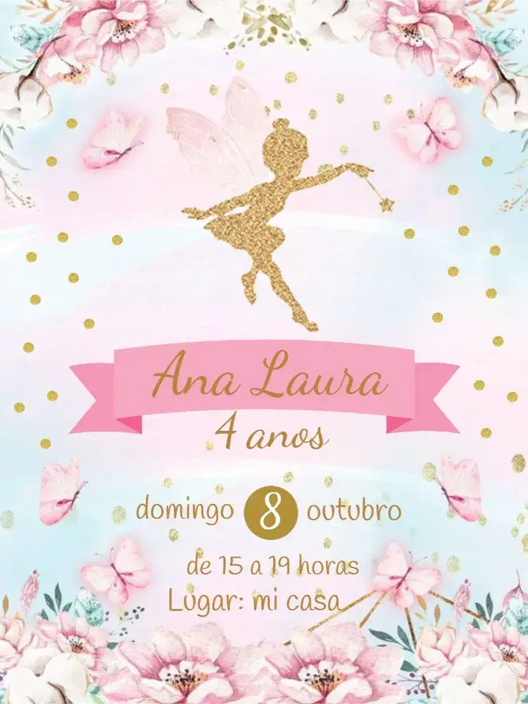 Invitación Hadas Flores – tema Cumpleaños Infantil floral, acuarela, mágico, colorido, infantil, fantasía