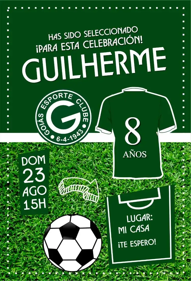 Invitación Camiseta de Goiás – tema Cumpleaños verde y blanco, fútbol, moderno, divertido, deportivo