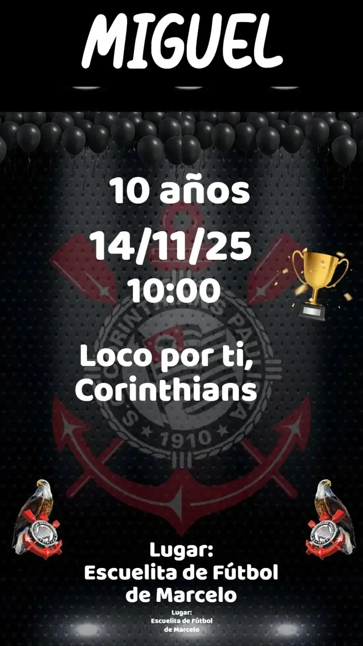 Invitación Corinthians – tema Cumpleaños colores del equipo, estilo deportivo, diseño moderno, elementos gráficos de fútbol, vibrante, energético