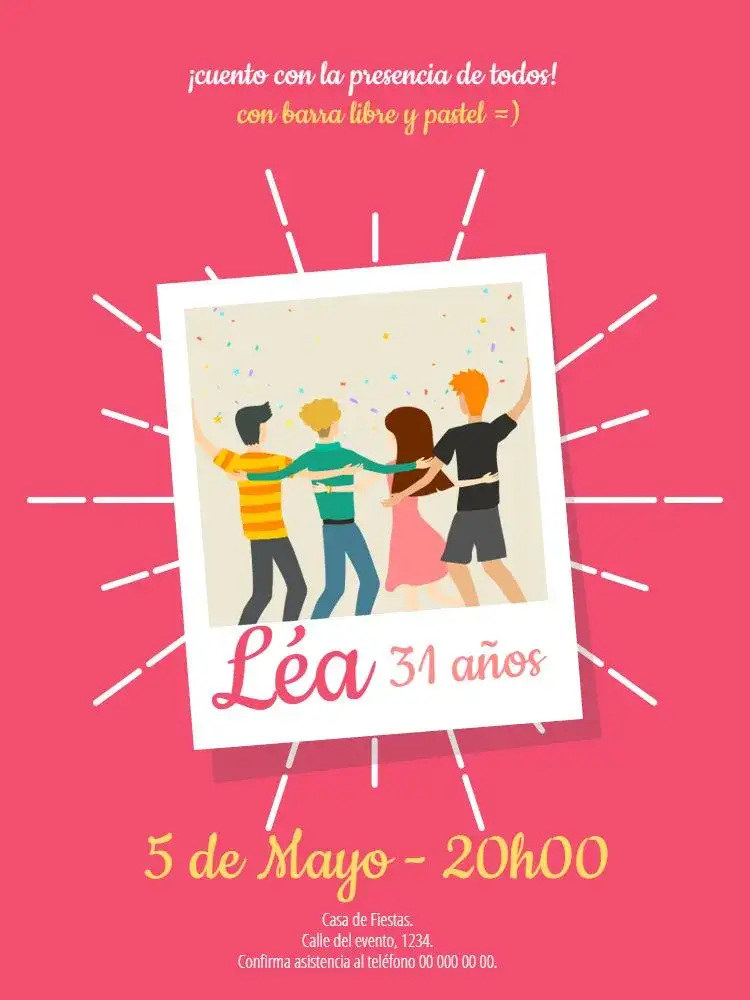 Invitación Amistad Digital – tema Cumpleaños rosa, divertido, moderno, elegante, descontraído