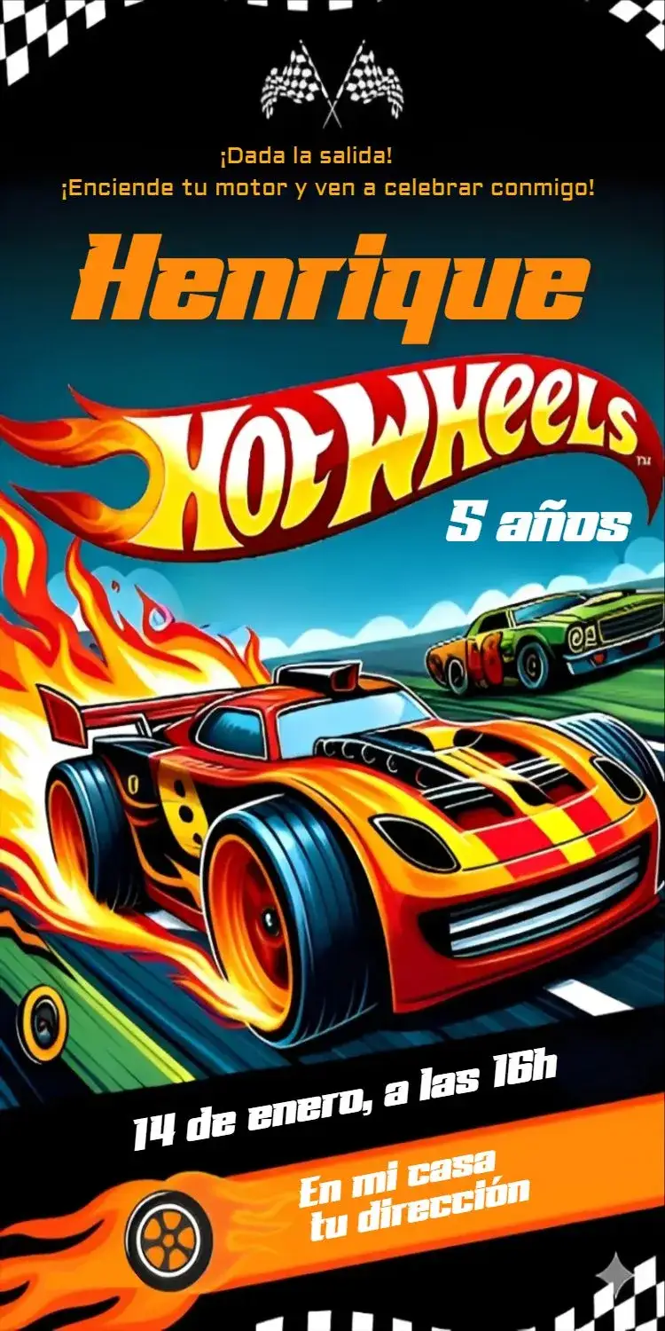 Invitación Invitación Hot Wheels 1 – tema Tarjeta temática de carreras, colores vibrantes, estilo moderno, elementos gráficos de coches, diseño divertido, inspirado en aventuras
