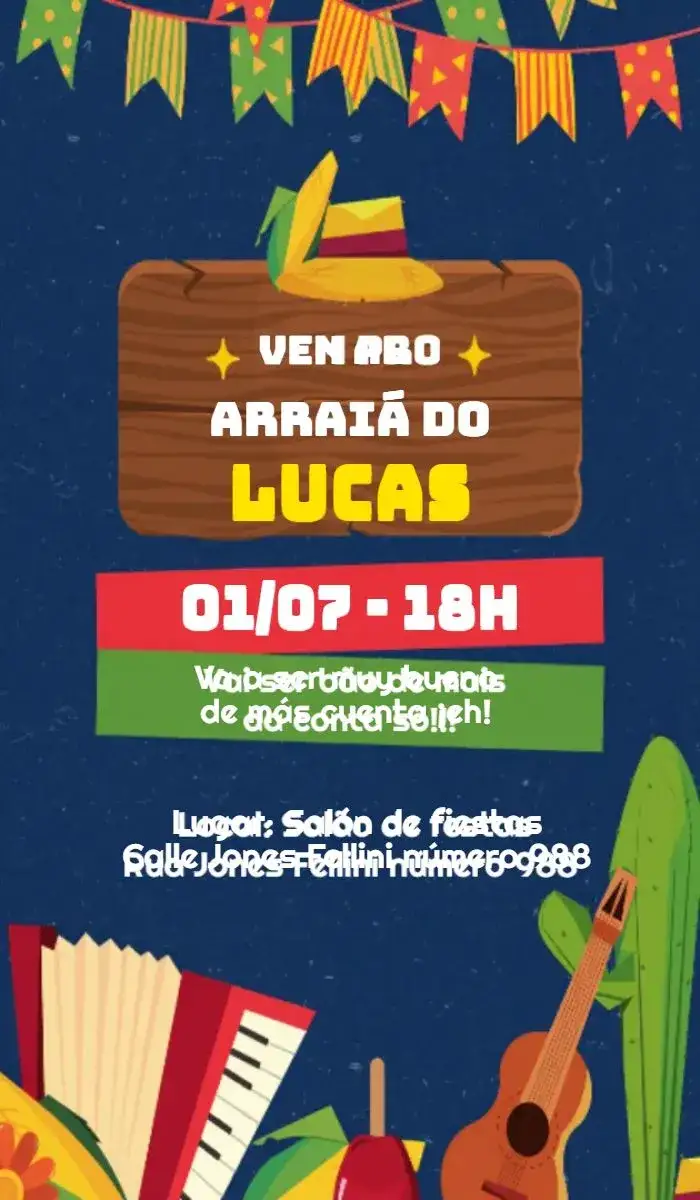 Invitación Arraiá Fiesta Junina Rojo – tema Fechas Conmemorativas rojo vibrante, elementos gráficos juninos, estilo festivo, globos de colores, hoguera tradicional