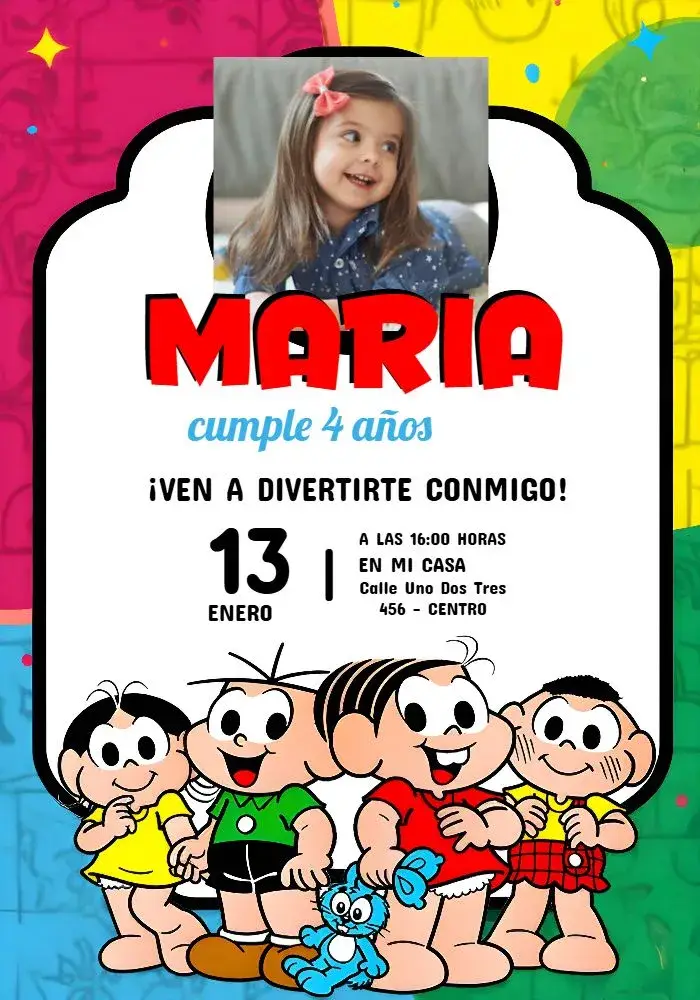 Invitación Turma De Mónica Con Foto Rosa editable y personalizable