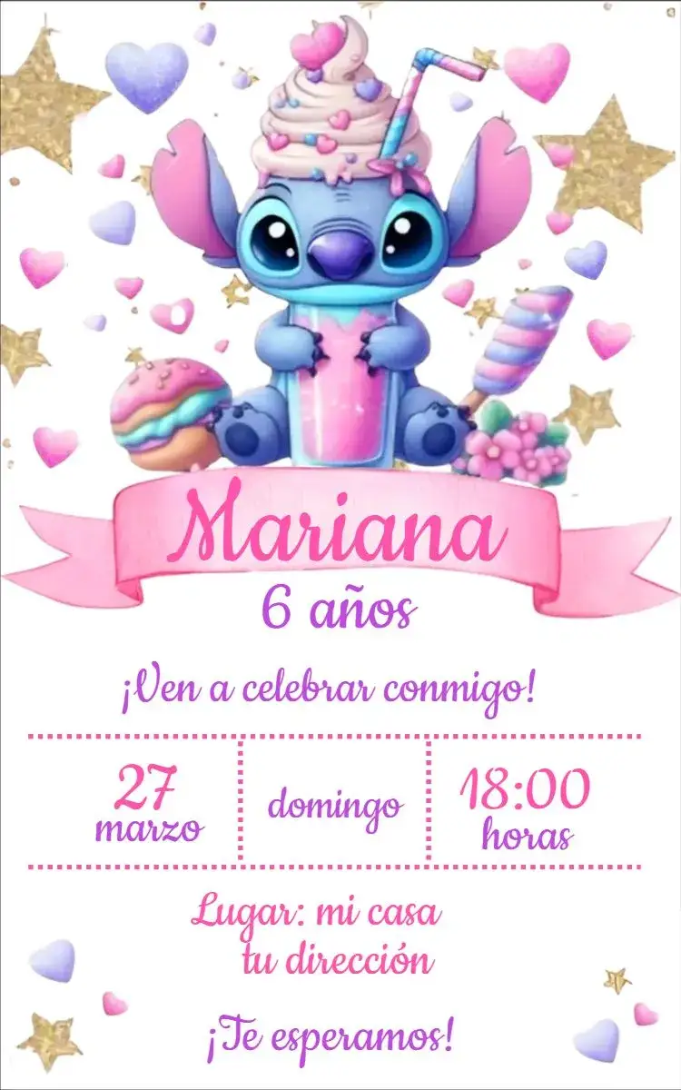 Invitación Stitch docería 2 – tema Cumpleaños Infantil pastelería, temática, colores pastel, infantil, divertido, moderno