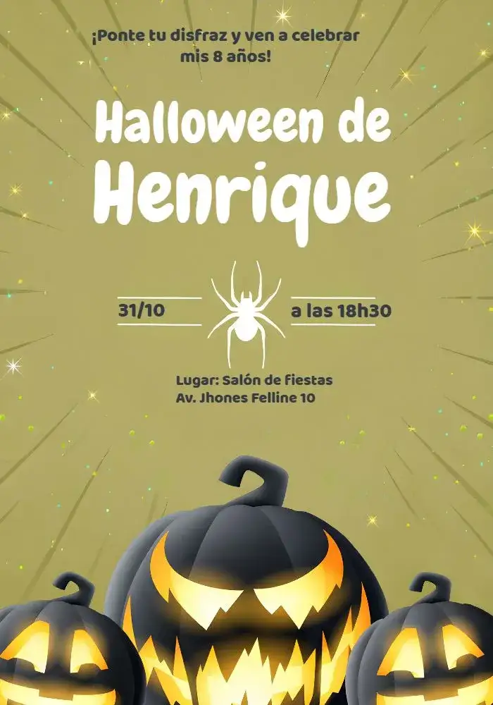 Invitación Día de Halloween – tema Fechas Conmemorativas colores naranja y negro, estilo divertido, elementos gráficos de Halloween, ilustraciones de calabazas, diseño infantil, estilo lúdico