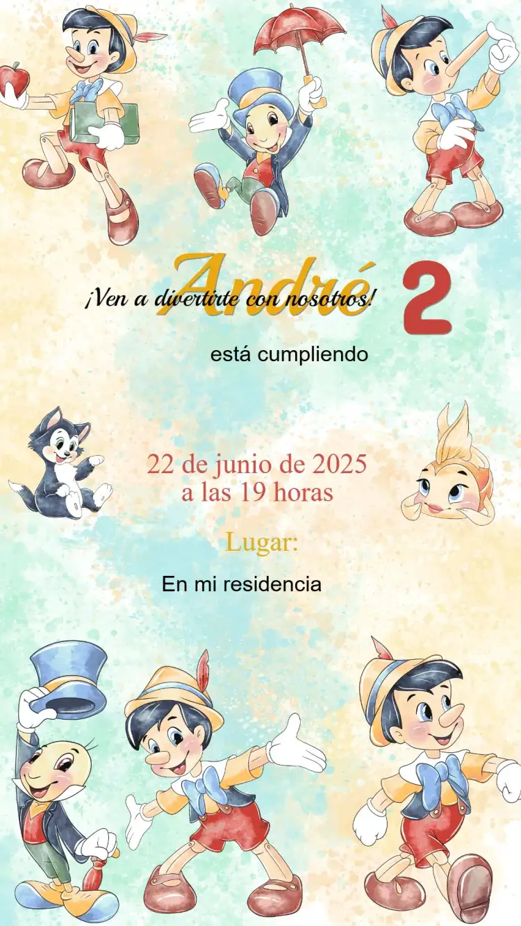 Invitación Invitación Cumpleaños Pinocho – tema Cumpleaños Infantil colorido, lúdico, ilustraciones de cuentos de hadas, divertido, juguetón