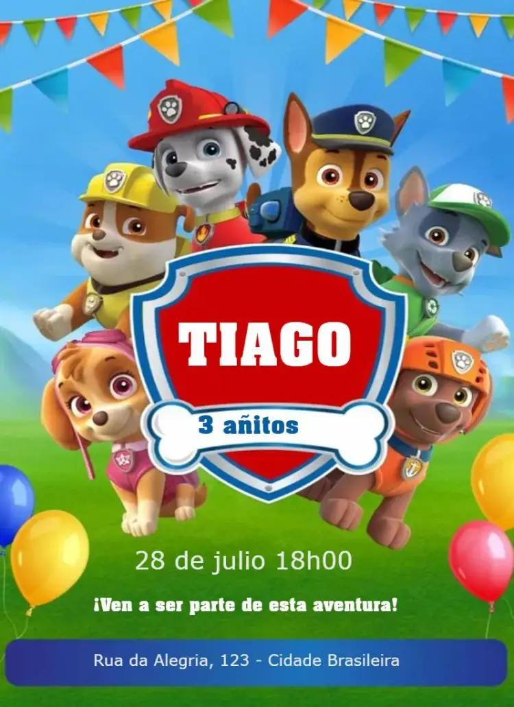 Invitación Patrulla Canina 2 – tema Cumpleaños Infantil colorido, divertido, temático, infantil, aventura