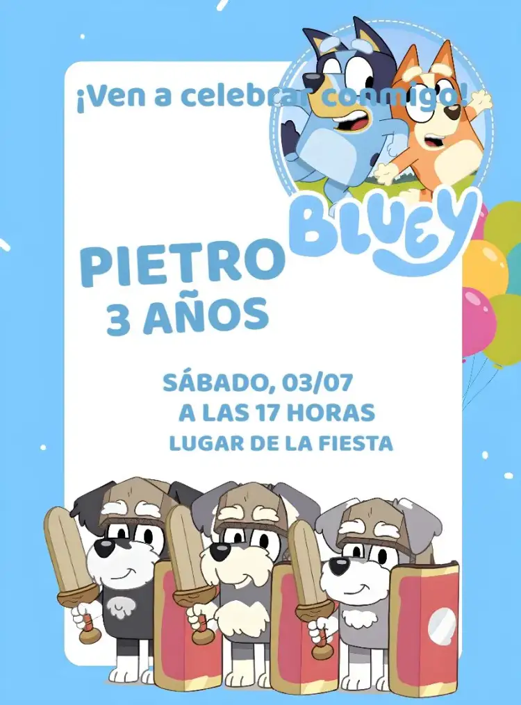 Invitación Bluey Y Bingo Perro – tema Más buscados azul, divertido, lúdico, infantil, moderno