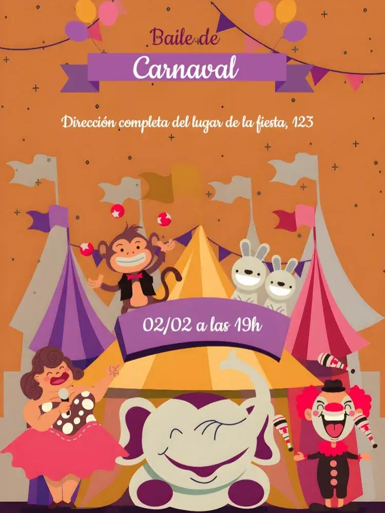 Invitación Carnaval Circo Roxo – tema Fechas Conmemorativas púrpura, blanco, circense, colorido, festivo, alegre