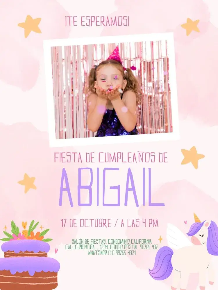 Invitación Infantil Con Foto Niña Acuarela Estrella – tema Cumpleaños Infantil acuarela, lúdico, rosa suave, estrellas, unicornios, divertido