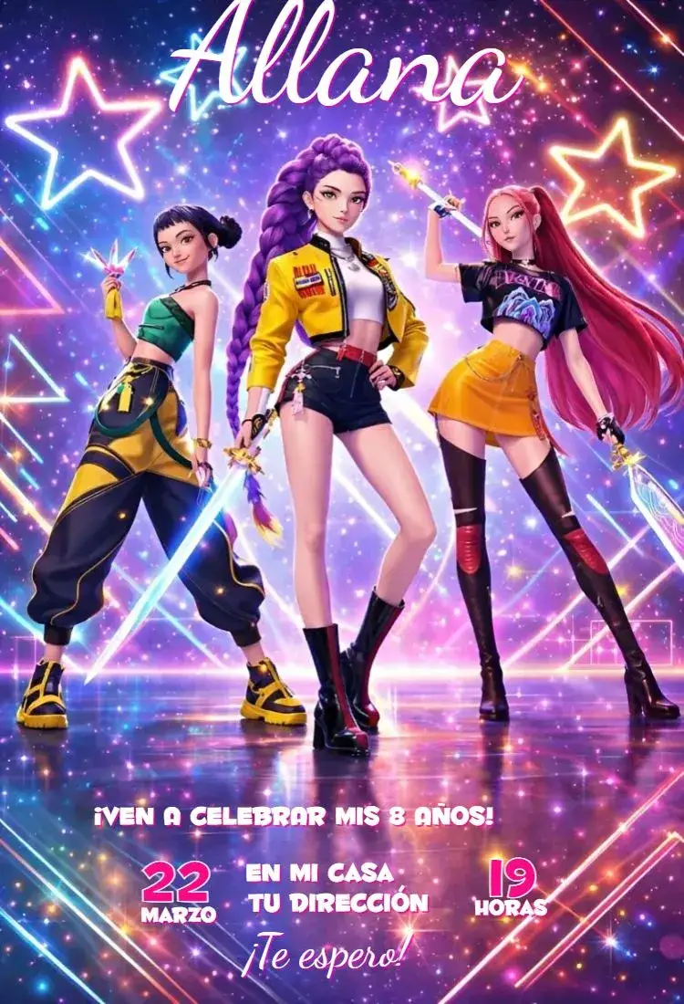 Invitación Guerreras del Kpop 18 – tema Cumpleaños colorido, moderno, pop, divertido, jovem, inspirado en la cultura coreana