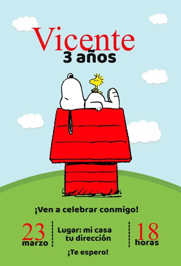 Invitación Snoopy 1 – tema Cumpleaños colorido, divertido, infantil, temático, moderno, ilustraciones de Snoopy