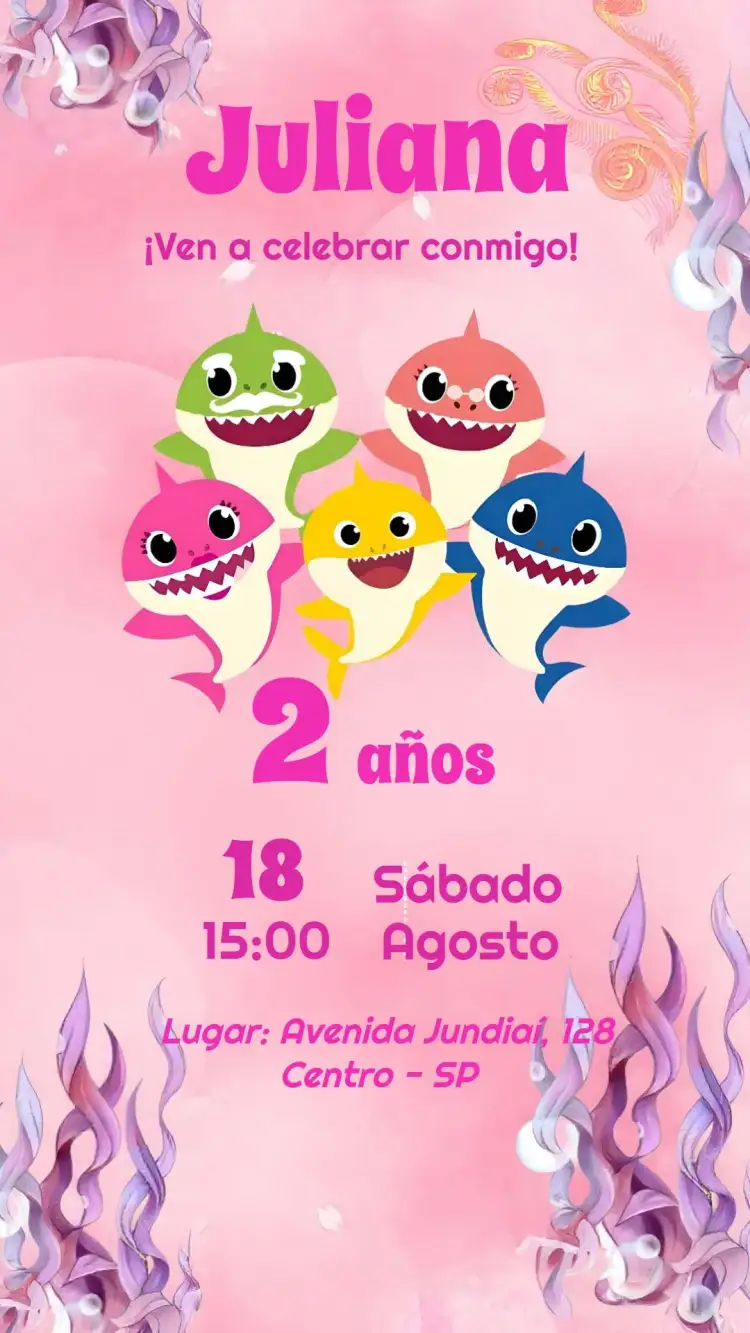 Invitación Baby Shark Doo – tema Más buscados azul marino, colorido, divertido, infantil, rosa, temático