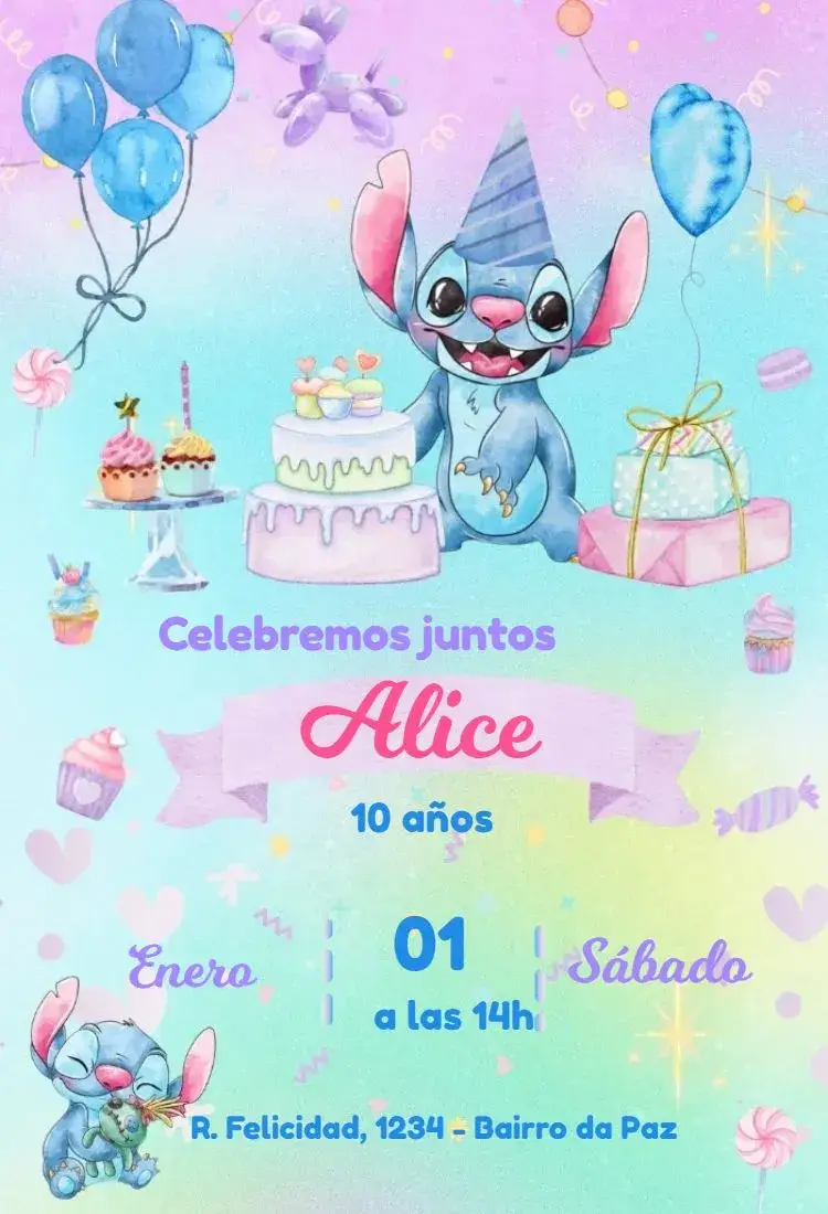 Invitación Stitch Cupcake Acuarela