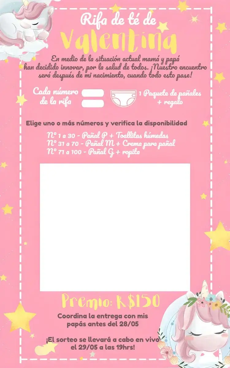 Invitación Té Rifa Unicornio Animales – tema Té Rifa colorido, lúdico, fantasía, safari, arcoíris, baby shower
