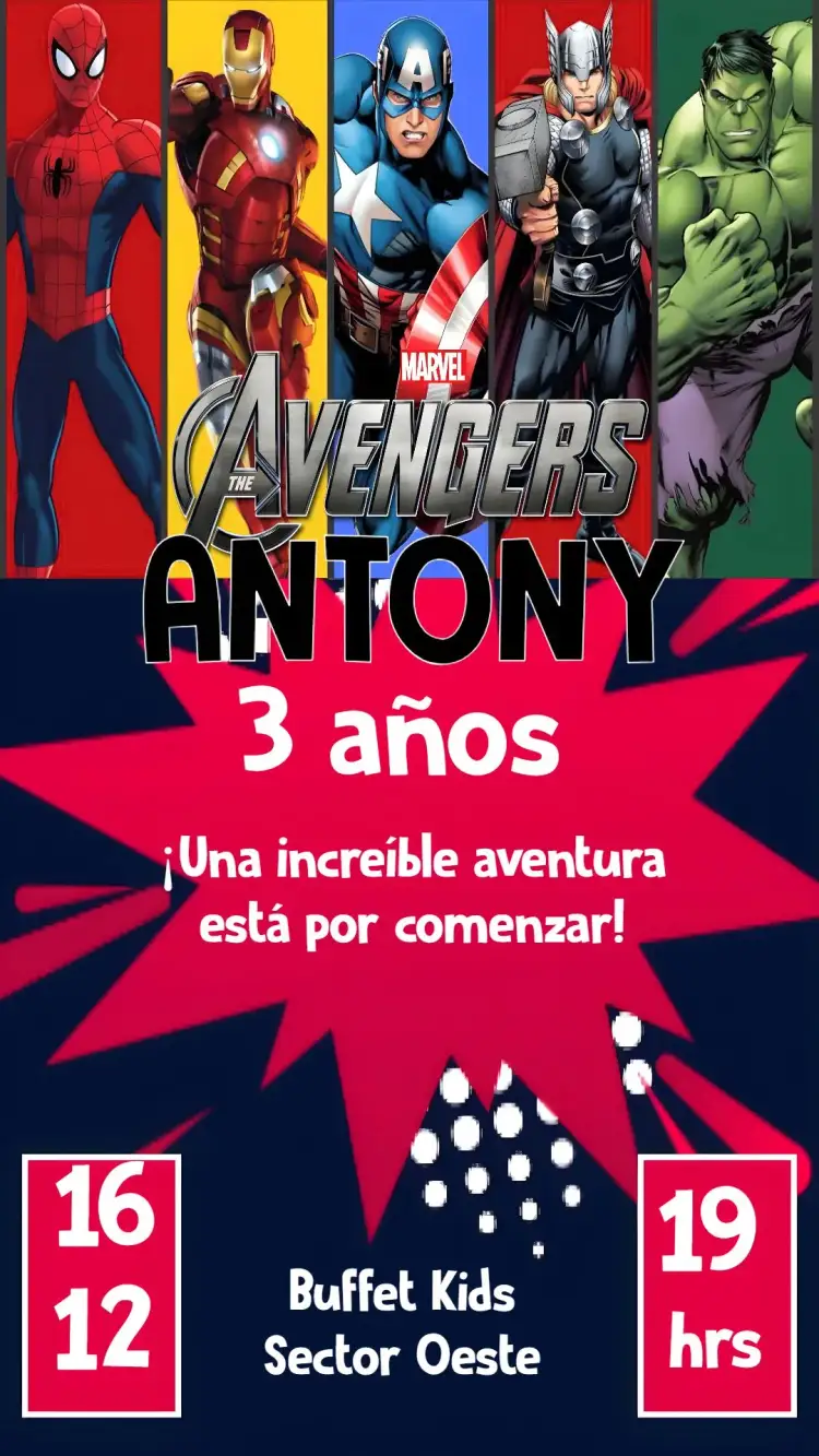 Invitación Los Vengadores – tema 15 años estilo moderno, colores vibrantes, elementos gráficos de superhéroes, diseño divertido, inspirado en películas, visual dinámico