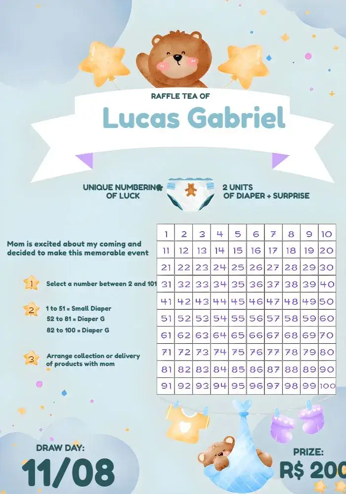 Invitación Chá Rifa Osito Estrellita – tema Té Rifa lúdico, suave, fofo, estrelado, infantil, colorido