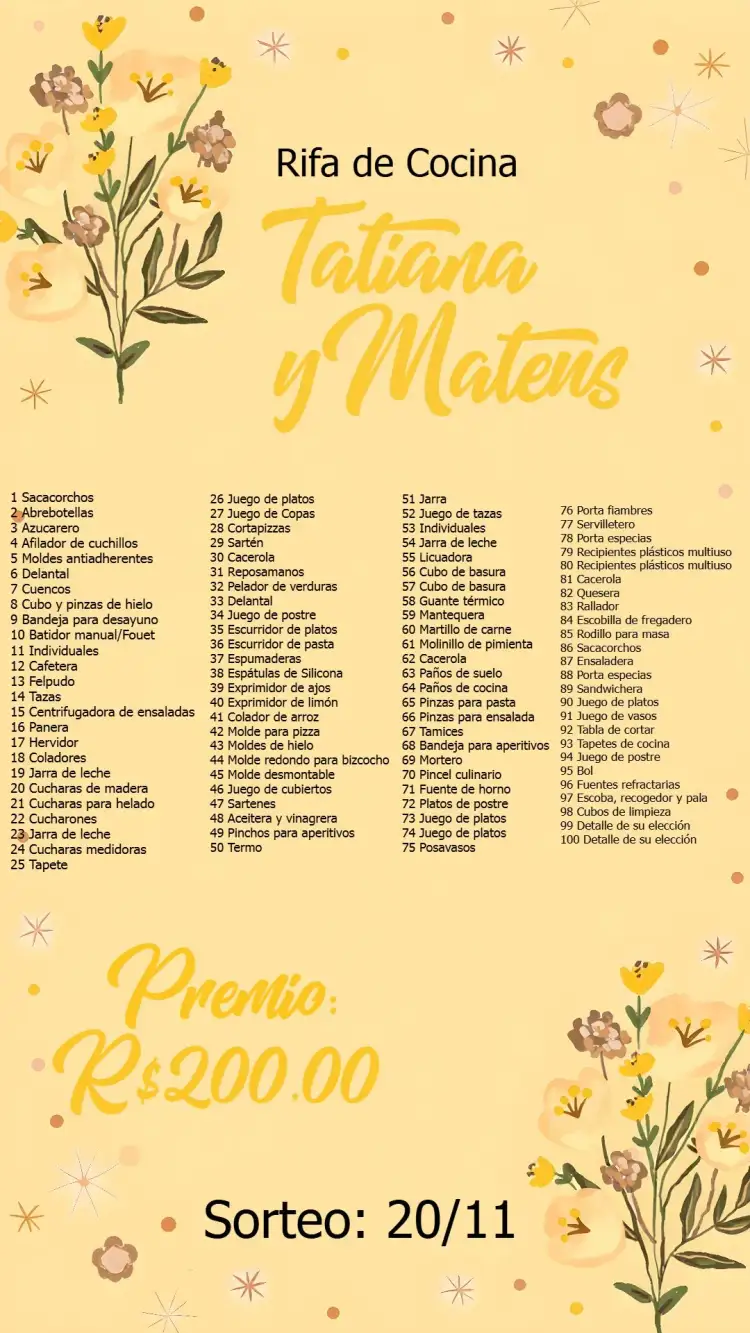 Invitación Chá Rifa De Cocina Floral Artículos – tema Despedida de Soltera floral, vintage, moderno, amarillo, marrón, minimalista
