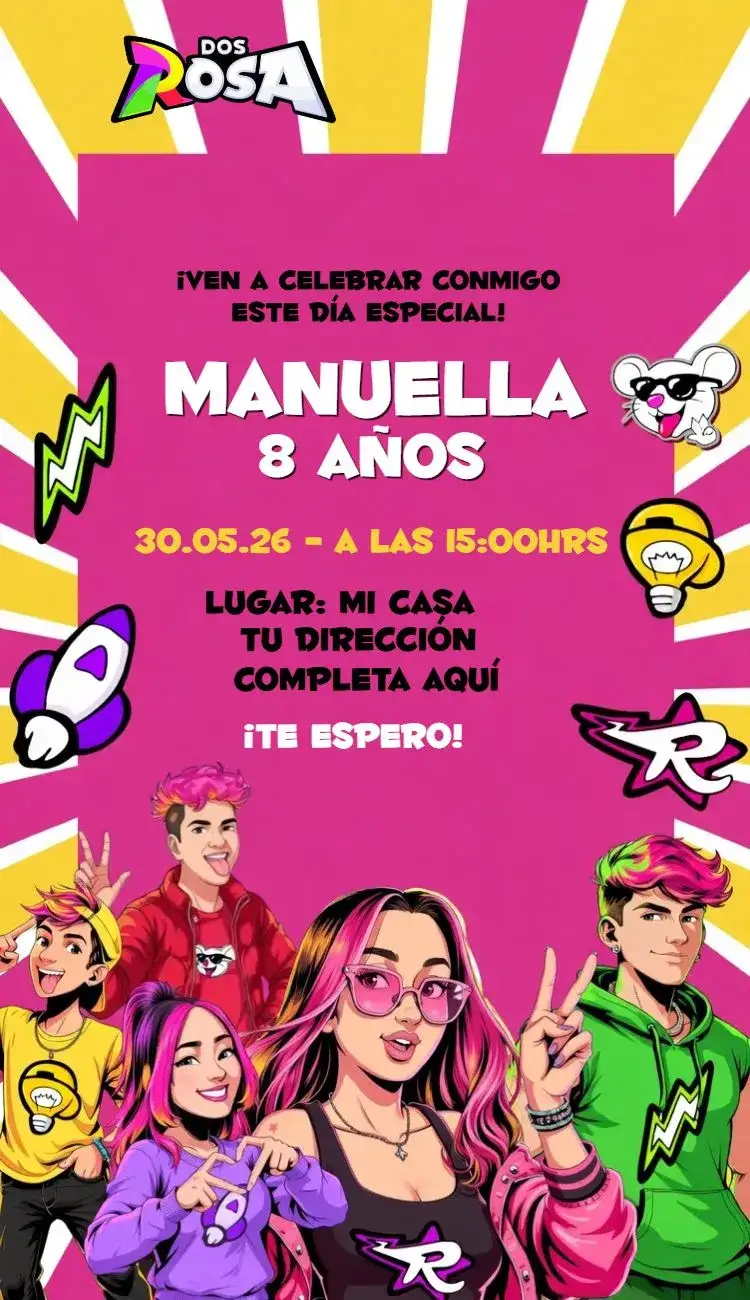 Invitación Emily Vick 5 – tema Cumpleaños rosa, lúdico, divertido, infantil, colorido, moderno