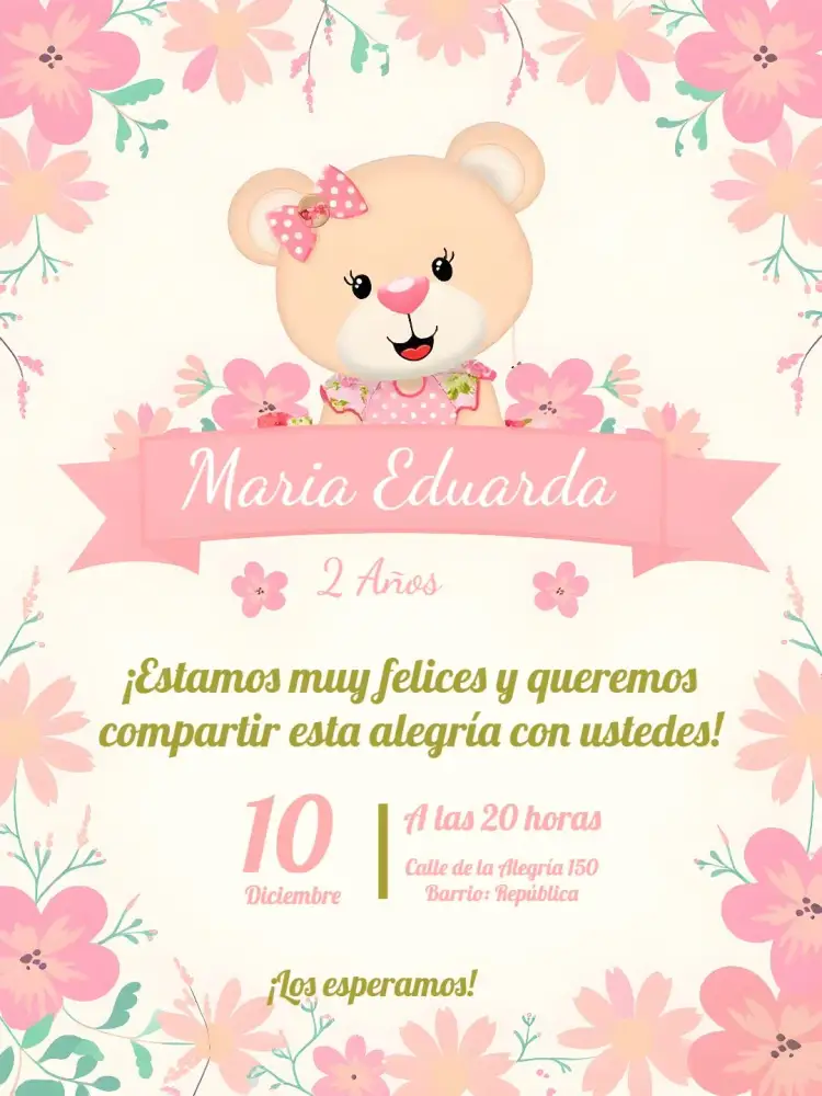 Invitación Té Rifa Osita Globos Rosa – tema Té Rifa rosa, dorado, verde, tierno, infantil, divertido