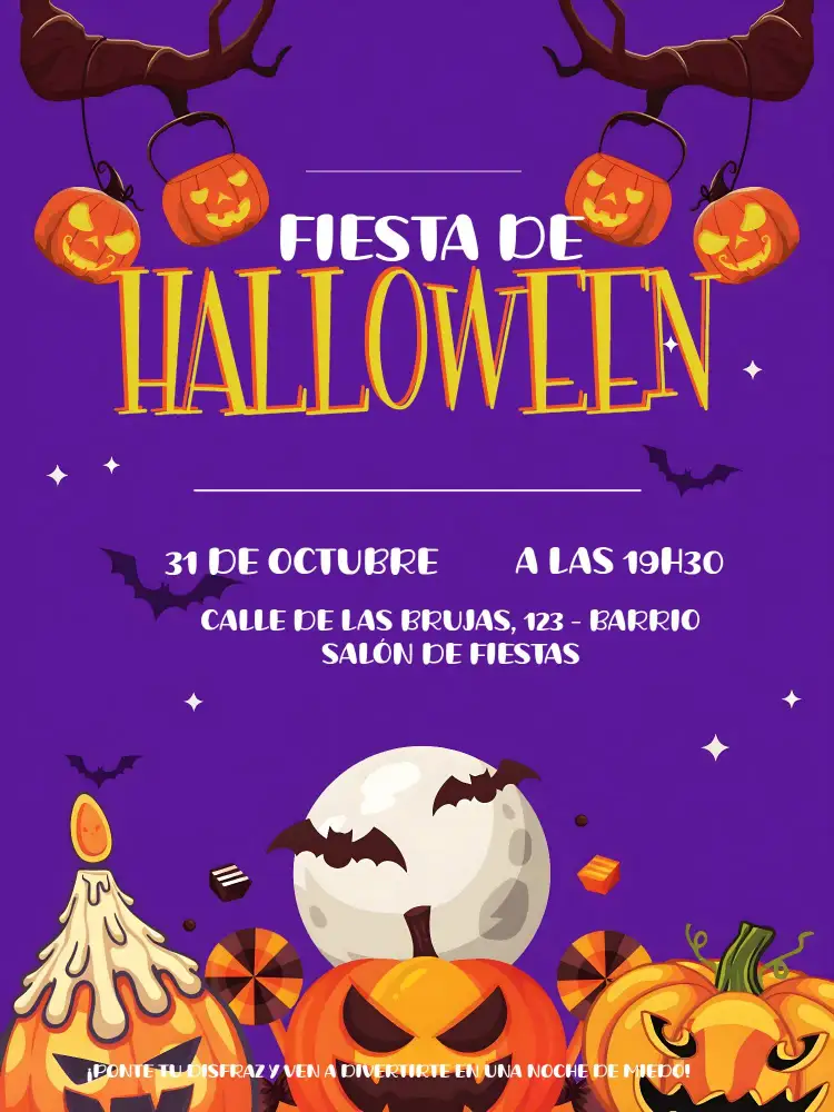 Invitación Fiesta De Halloween Bruja – tema Fechas Conmemorativas púrpura y naranja, estilo místico, elementos gráficos de Halloween, diseño divertido, ambiente aterrador, detalles encantadores