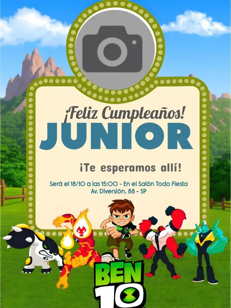 Invitación Ben 10 Con Foto Benjamin – tema Cumpleaños Infantil temática Ben 10, colores vibrantes, estilo divertido, elementos gráficos de monstruos, diseño infantil, fiesta verde