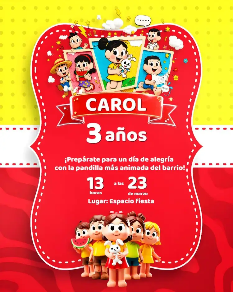 Invitación Turma De La Mónica Cascão – tema Cumpleaños Infantil divertido, colorido, infantil, temático, ilustraciones de Mónica, diseño alegre