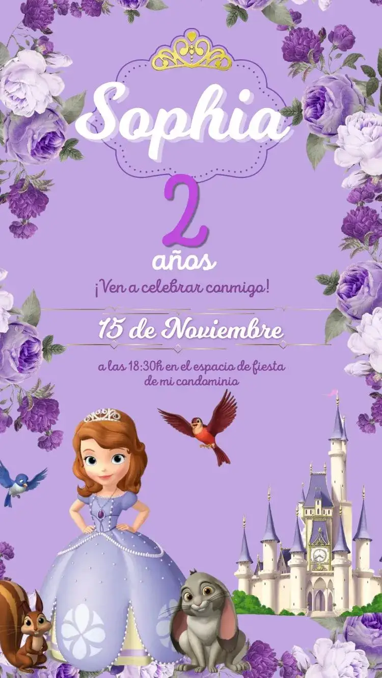 Invitación Princesita Sofía – tema Cumpleaños Infantil morado, azul, princesa, divertido, infantil, mágico