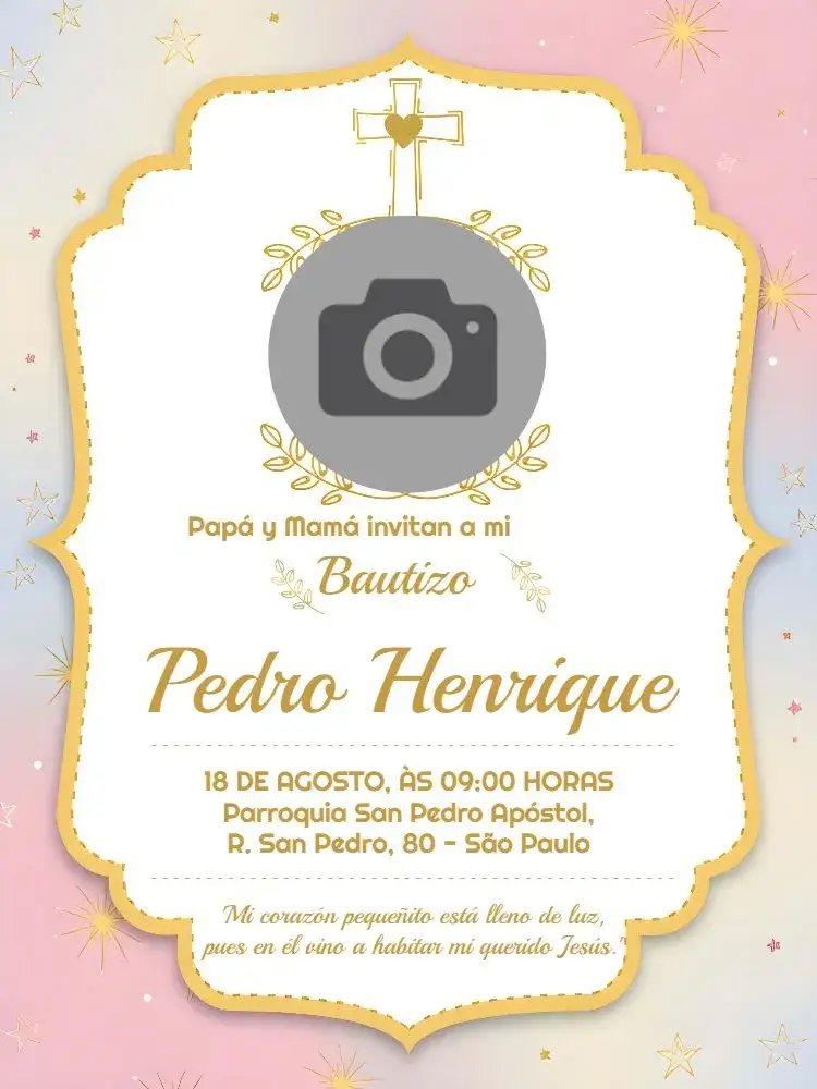Invitación Bautizo Con Foto Dorado – tema Bautismo dorado, elegante, moderno, minimalista, amarillo, clásico