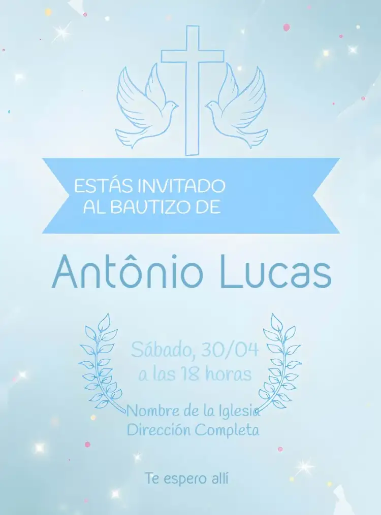 Invitación Batizado Flores – tema Bautismo floral, azul, moderno, delicado, infantil