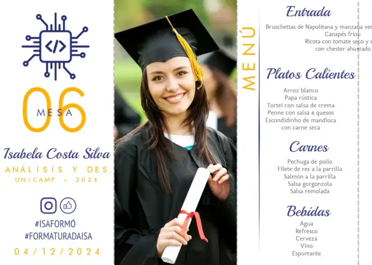 Invitación Menú Triángulo Graduación Análisis y Desarrollo Con Foto Tótem – tema Graduación moderno, tecnológico, elegante, minimalista, arrojado