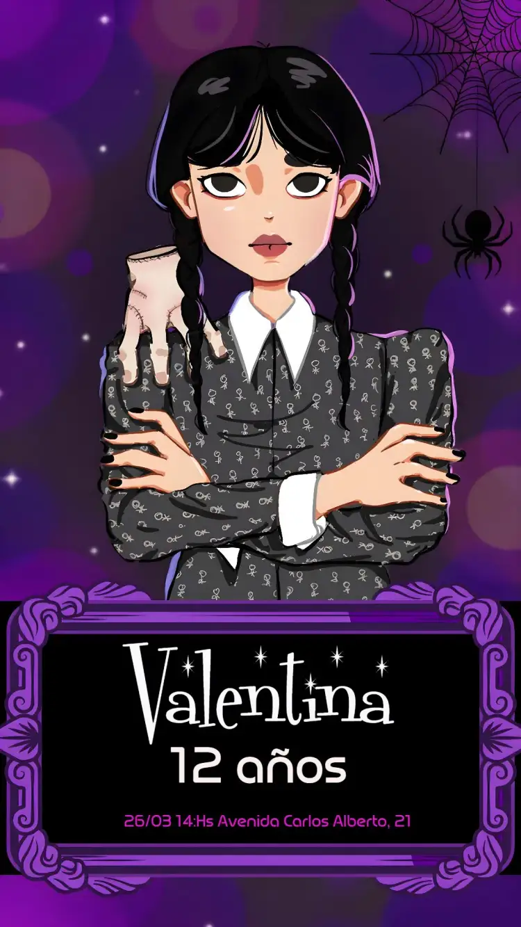 Invitación Wandinha Addams Amigos – tema Fechas Conmemorativas negro, púrpura, gótico, divertido, temático, infantil