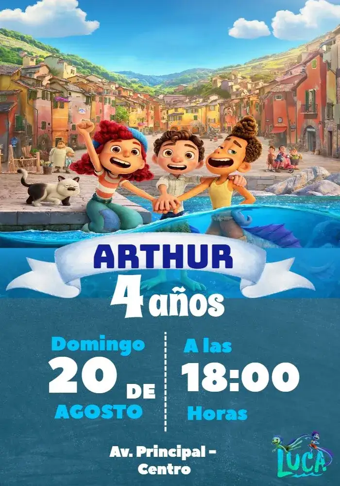 Invitación Luca Azul – tema Más buscados moderno, colorido, vibrante, alegre, descontraído