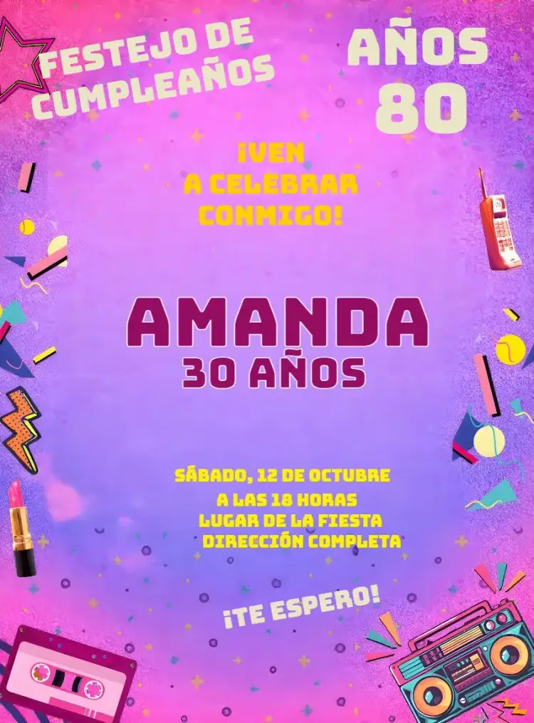 Invitación Años 80 Retrô Morado – tema 15 años retro, vintage, años 80, colores vibrantes, divertido, fiesta temática