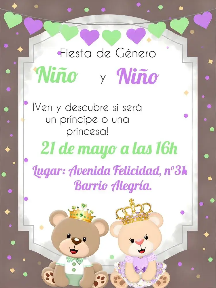 Invitación Baby Shower Ositos de la Realeza Gris